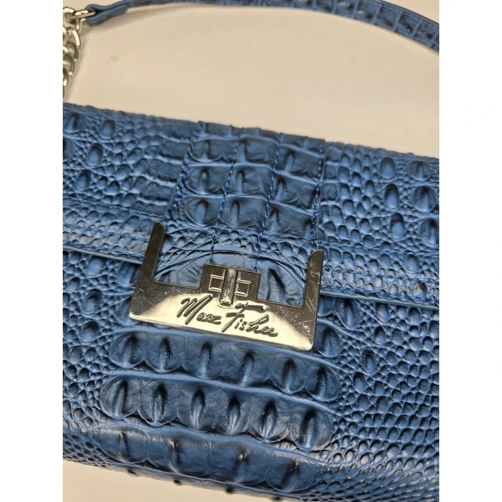 Mark Fisher Women's Purse Handbag Blue Croc Print Faux Chain Clutch Gold Snap